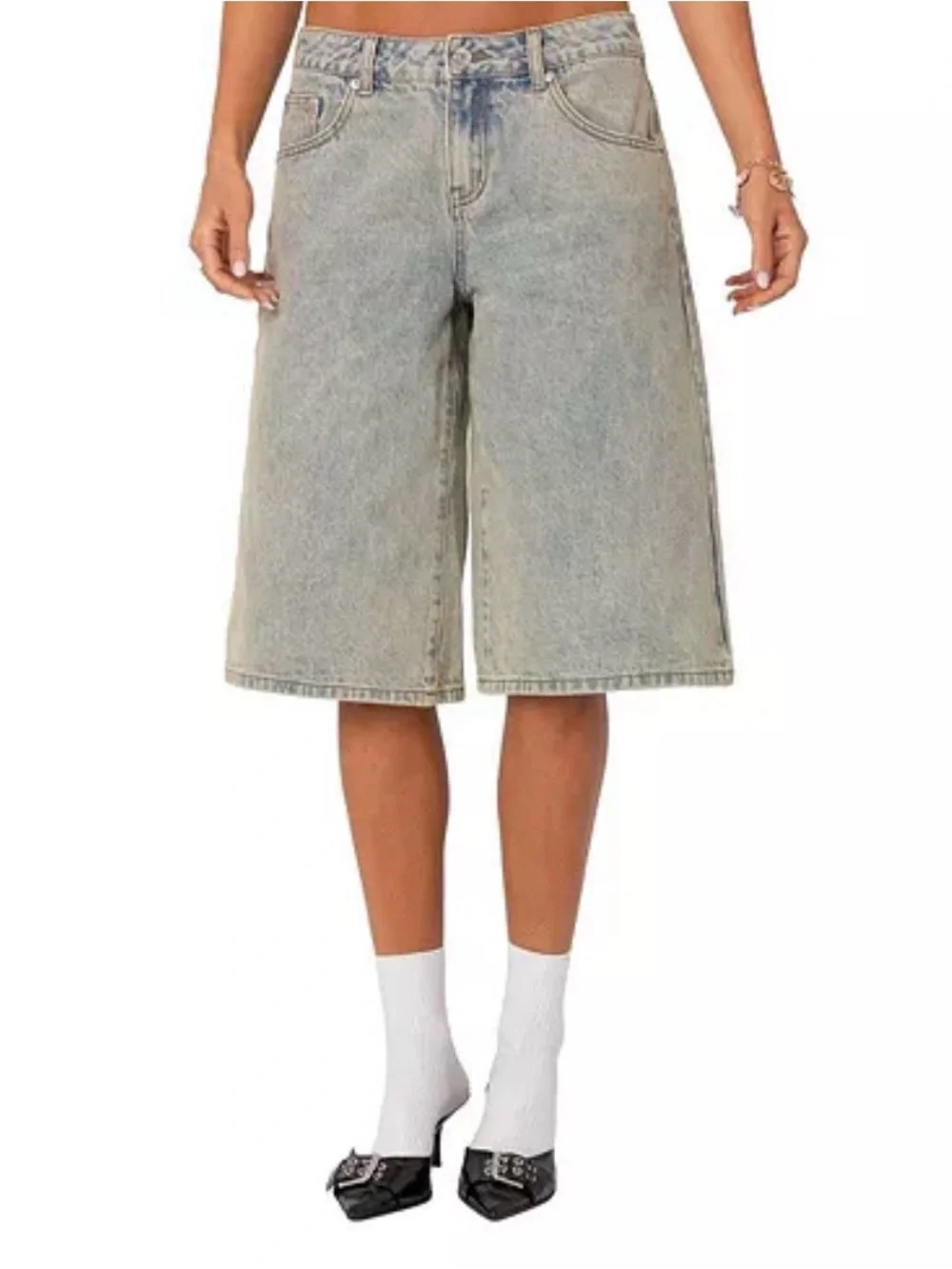 Edikted Ladies Xtra Long Acid Wash Denim Bermuda Shorts size M